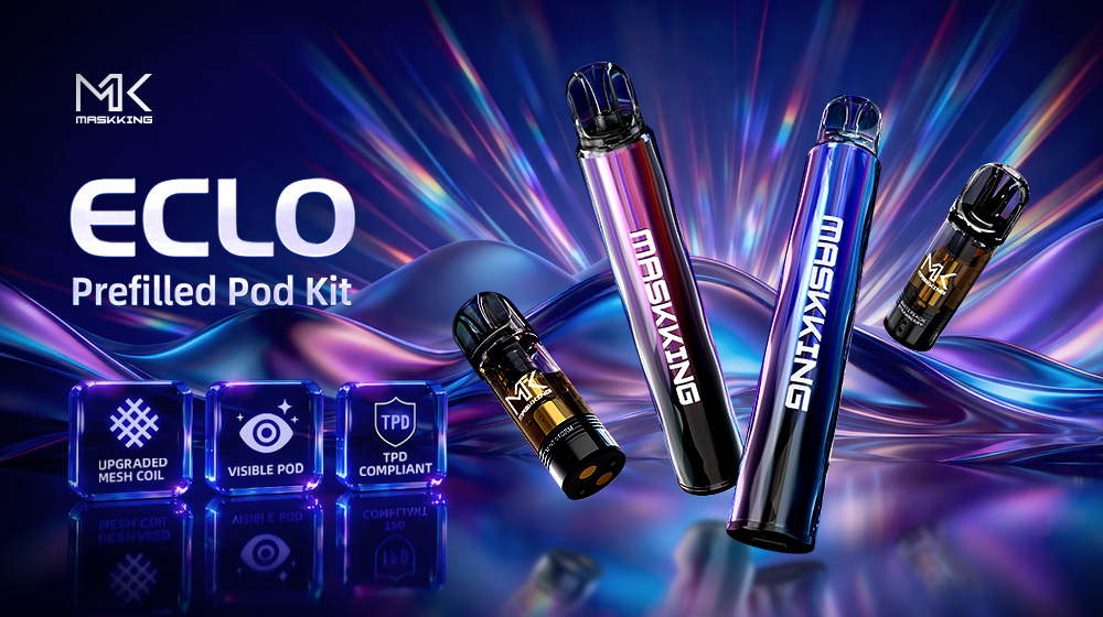 Maskking ECLO prefilled pod kit at VAPEXPO MADRID 2026, featuring a TPD-compliant visible pod with crystal-clear wave design.jpg